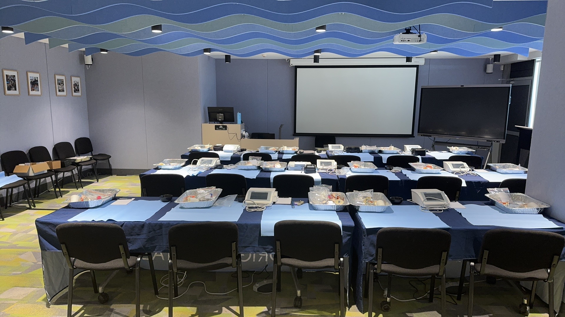 Training room set up for a full-day course